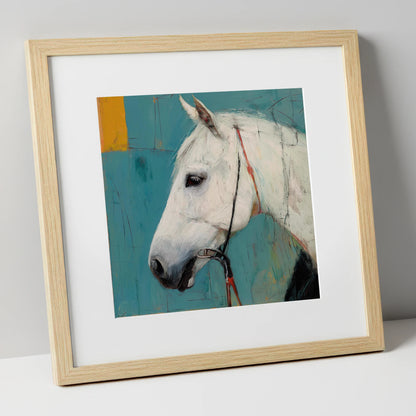 Alabaster Study in Teal horse portrait art print in natural frame