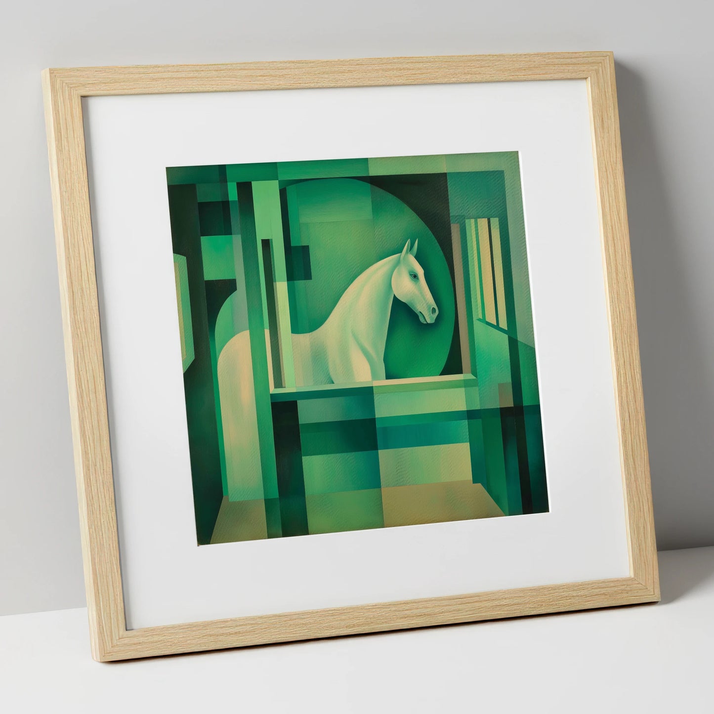 Emerald Stall Gaze horse stable art print in natural frame