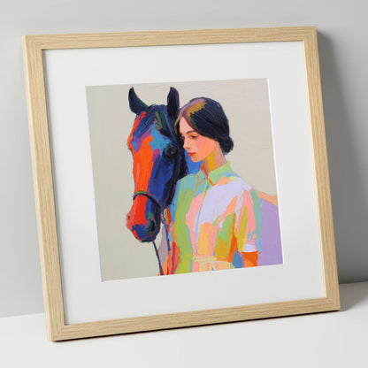 Radiant Companionship horse & rider art print in natural frame