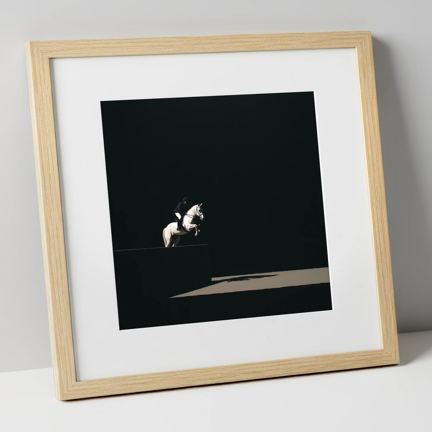 Suspended in Obsidian show jumping horse art print in natural frame