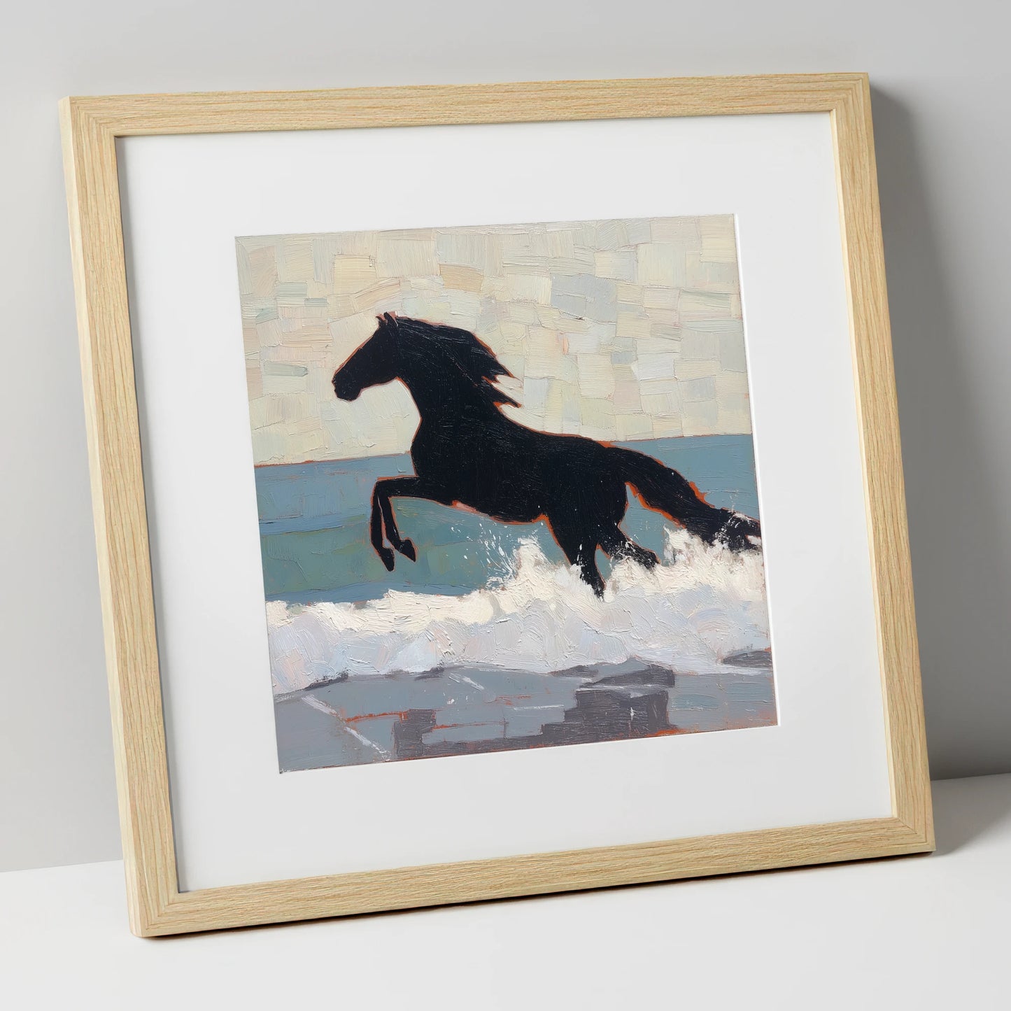 Surf Breaker Silhouette beach horse art print in natural frame