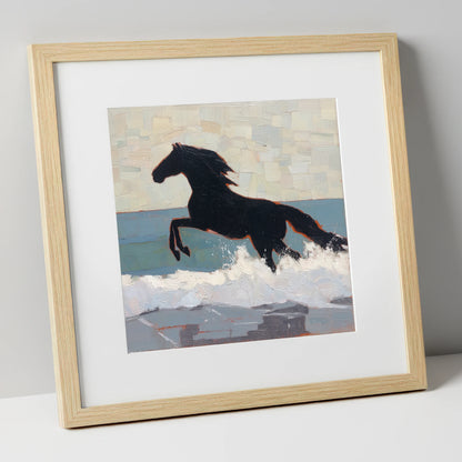 Surf Breaker Silhouette beach horse art print in natural frame