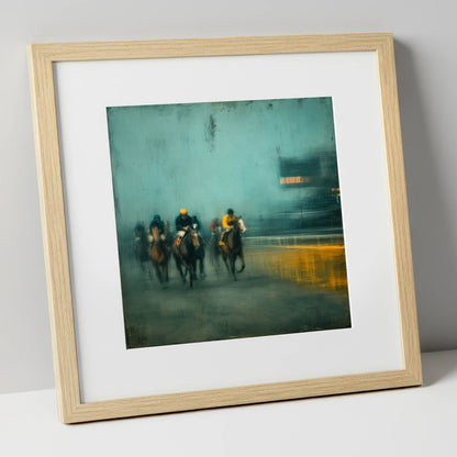 Thundering Through The Mist racing horse art print in natural frame