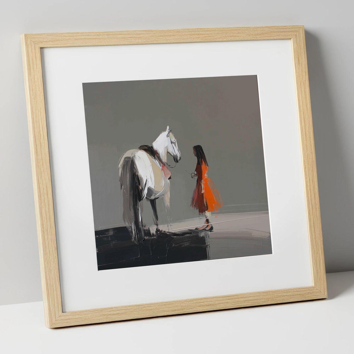 A Silent Dialogue horse & rider art print in natural frame