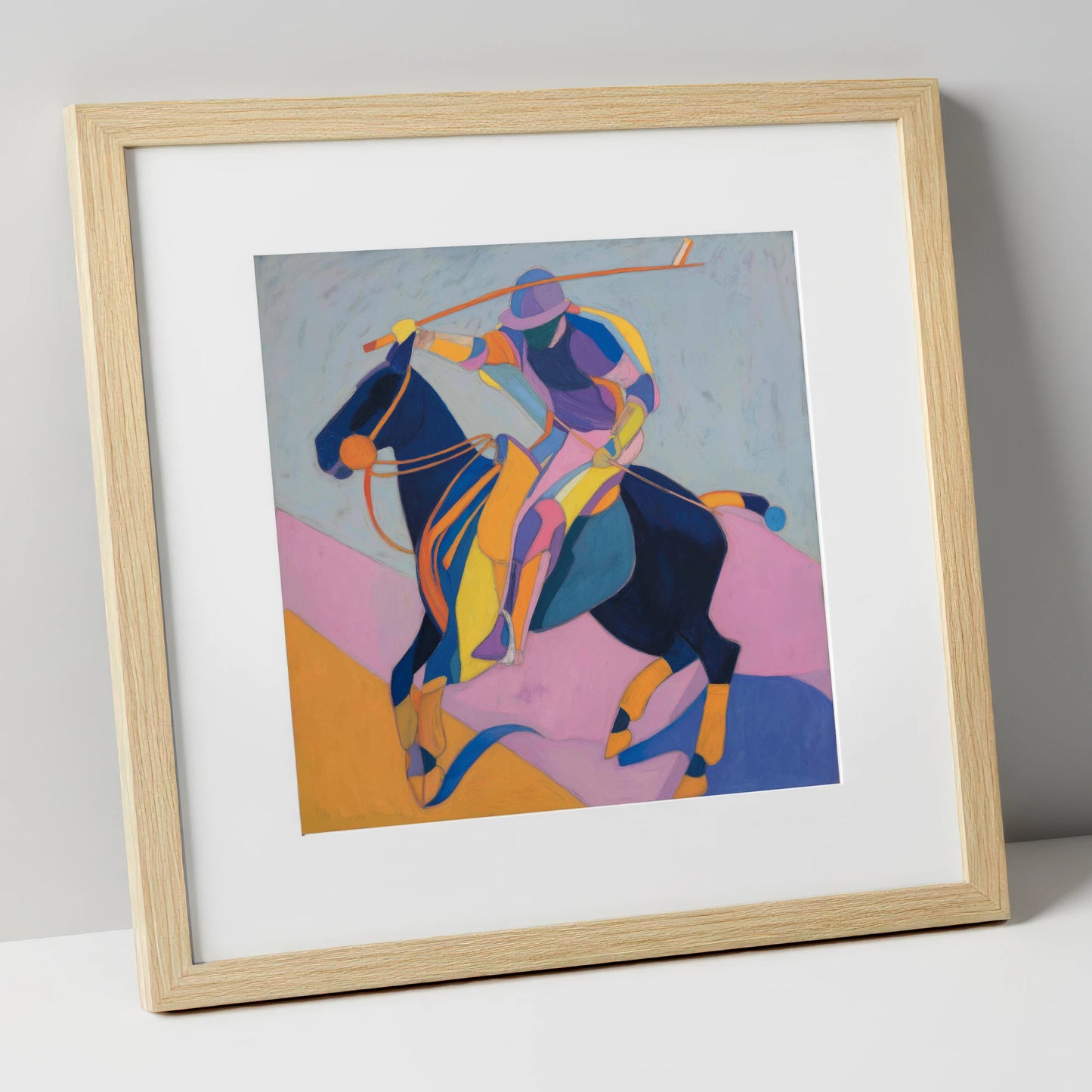 Vibrant Polo Strike polo horse art print in natural frame