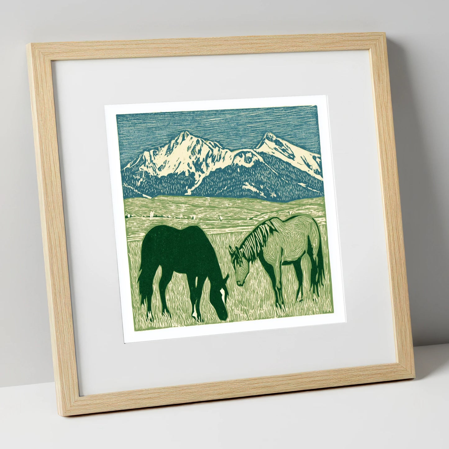 Alpine Grazing horse landscape art print in natural frame