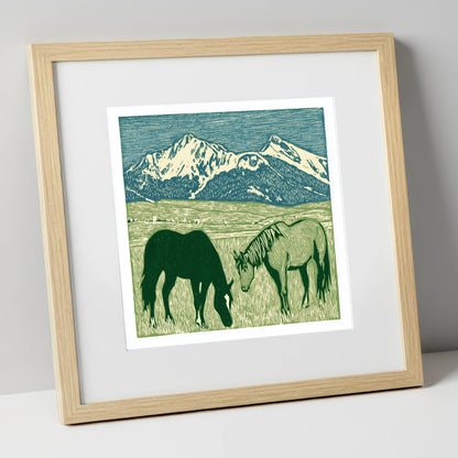 Alpine Grazing horse landscape art print in natural frame