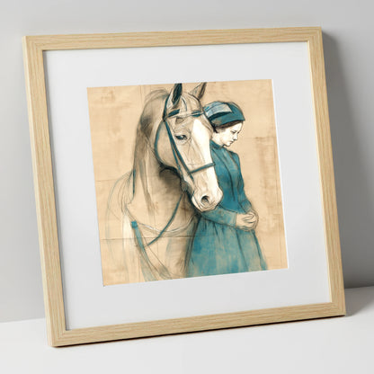 Silent Bond horse & rider art print in natural frame