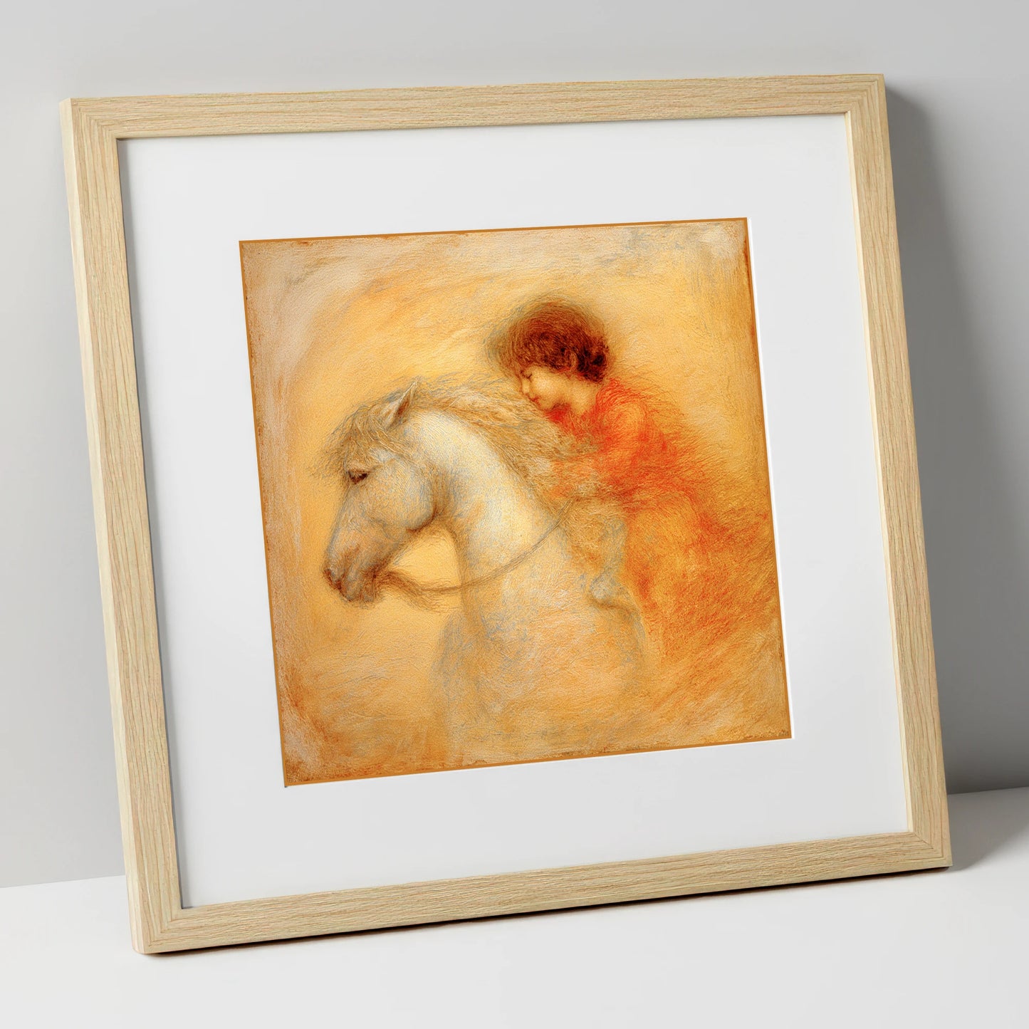 Golden Embrace horse & rider art print in natural frame