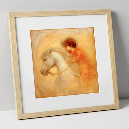 Golden Embrace horse & rider art print in natural frame
