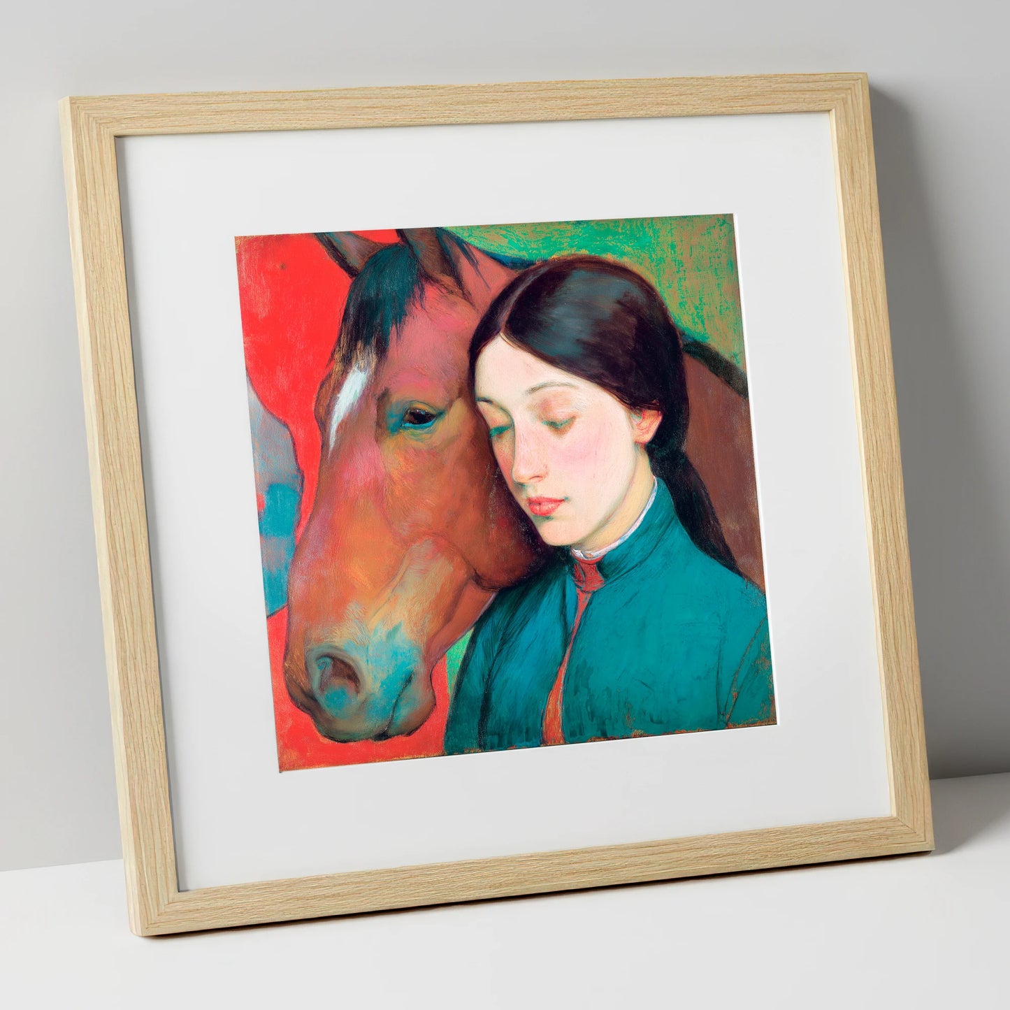 Silent Devotion horse & rider art print in natural frame