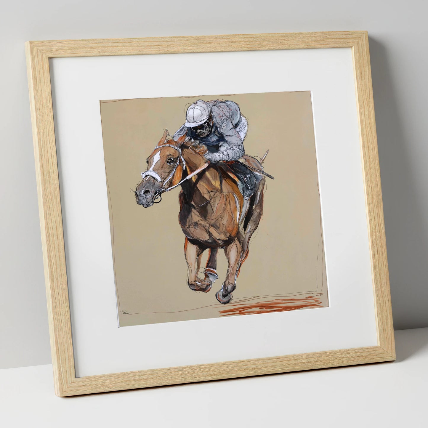 Driving Finish racing horse art print in natural frame