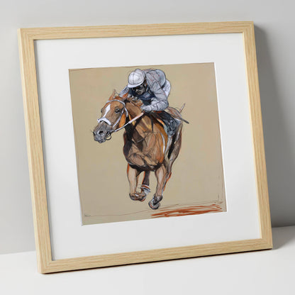Driving Finish racing horse art print in natural frame