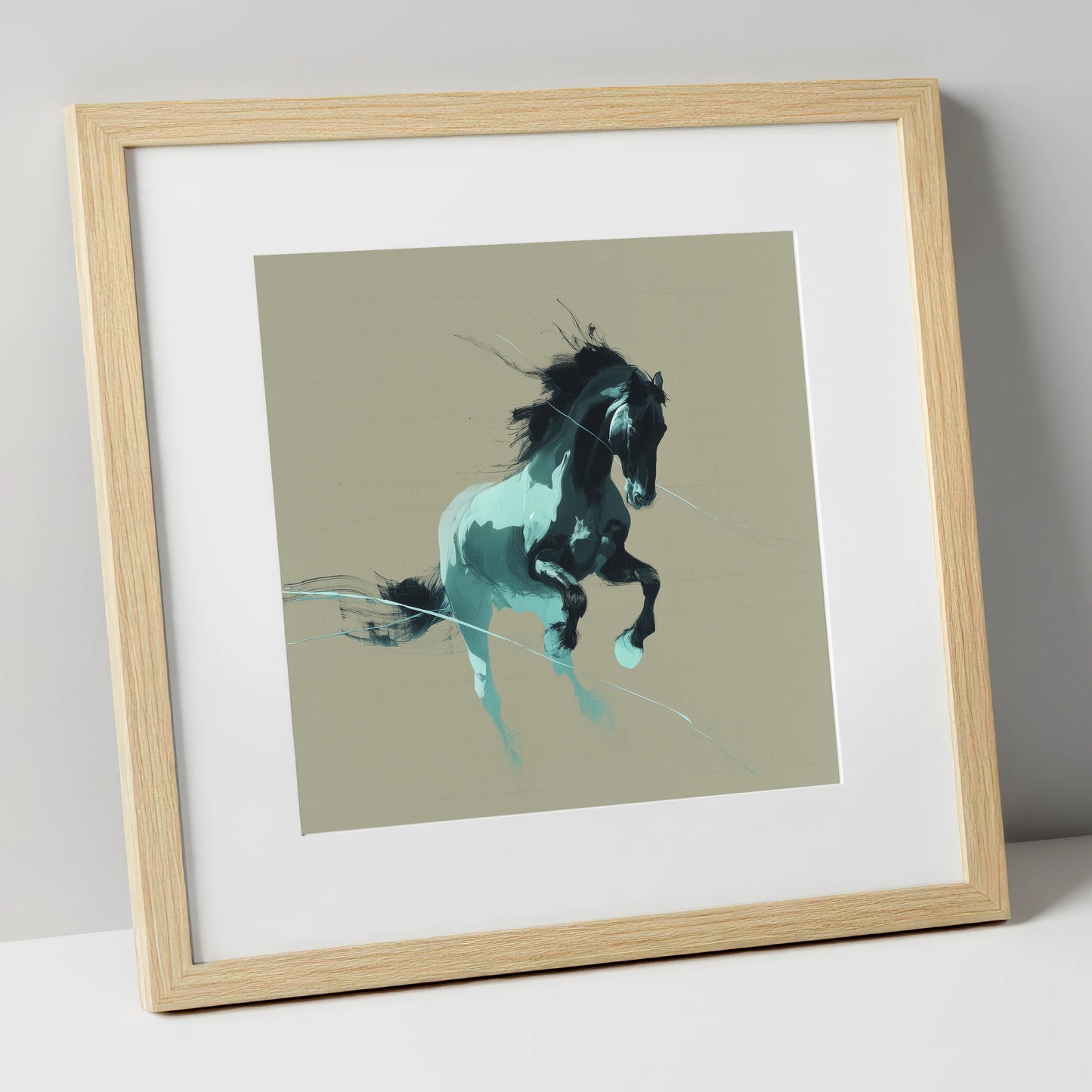 Dynamic Teal Stallion horse breed art print in natural frame