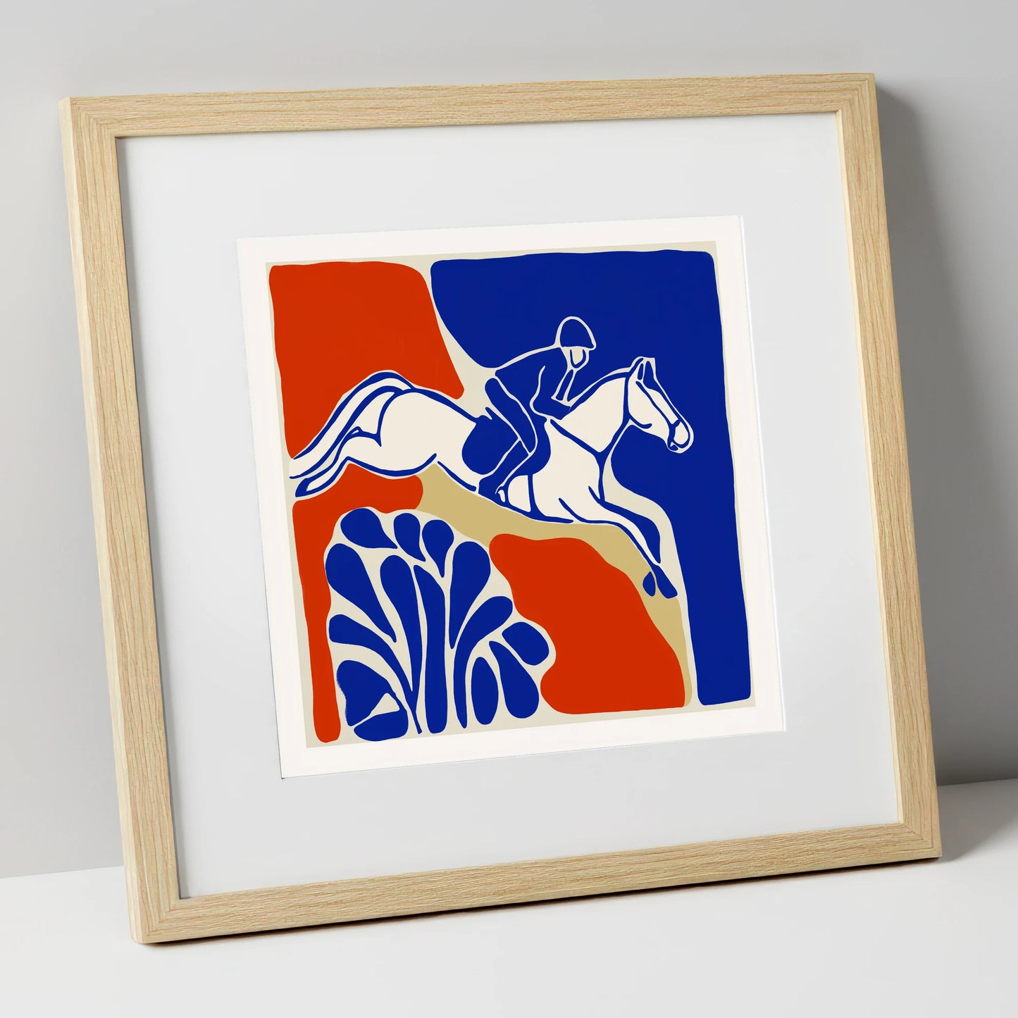 Cobalt Leap show jumping horse art print in natural frame