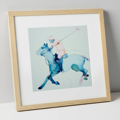 Fluid Polo Strike polo horse art print in natural frame