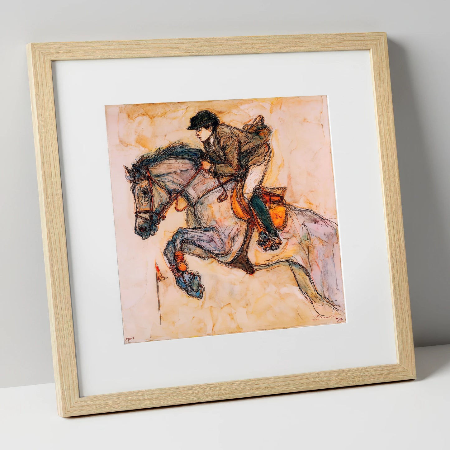 Suspended Momentum show jumping horse art print in natural frame