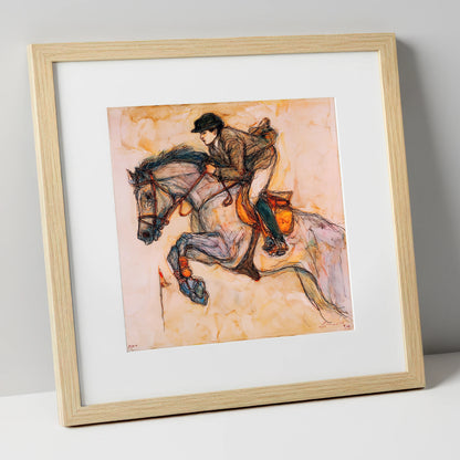Suspended Momentum show jumping horse art print in natural frame