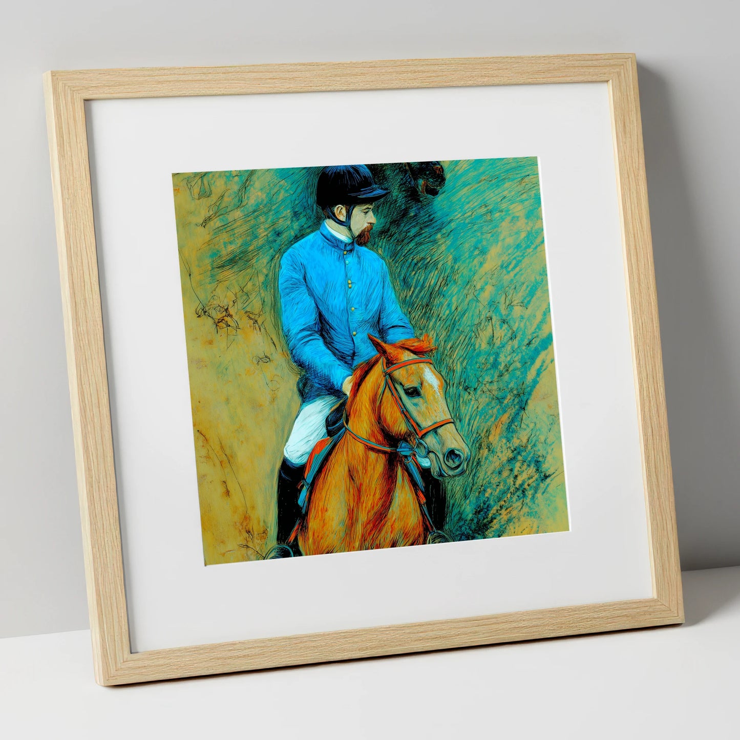 The Cerulean Jockey racing horse art print in natural frame