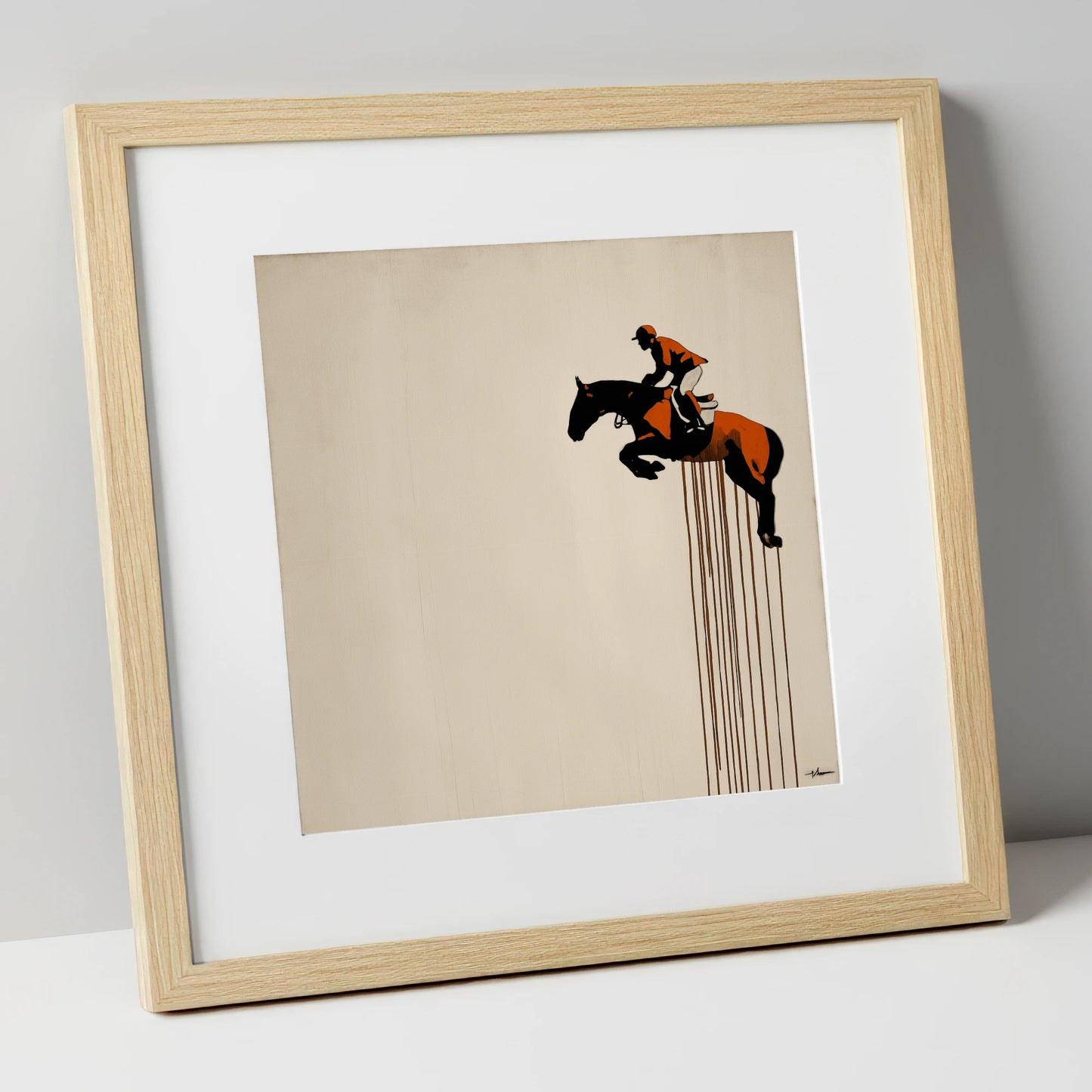 Suspended Flight show jumping horse art print in natural frame
