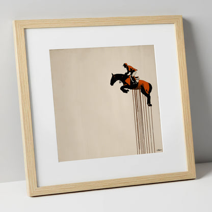 Suspended Flight show jumping horse art print in natural frame