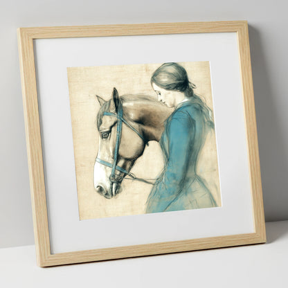 The Silent Bond horse & rider art print in natural frame