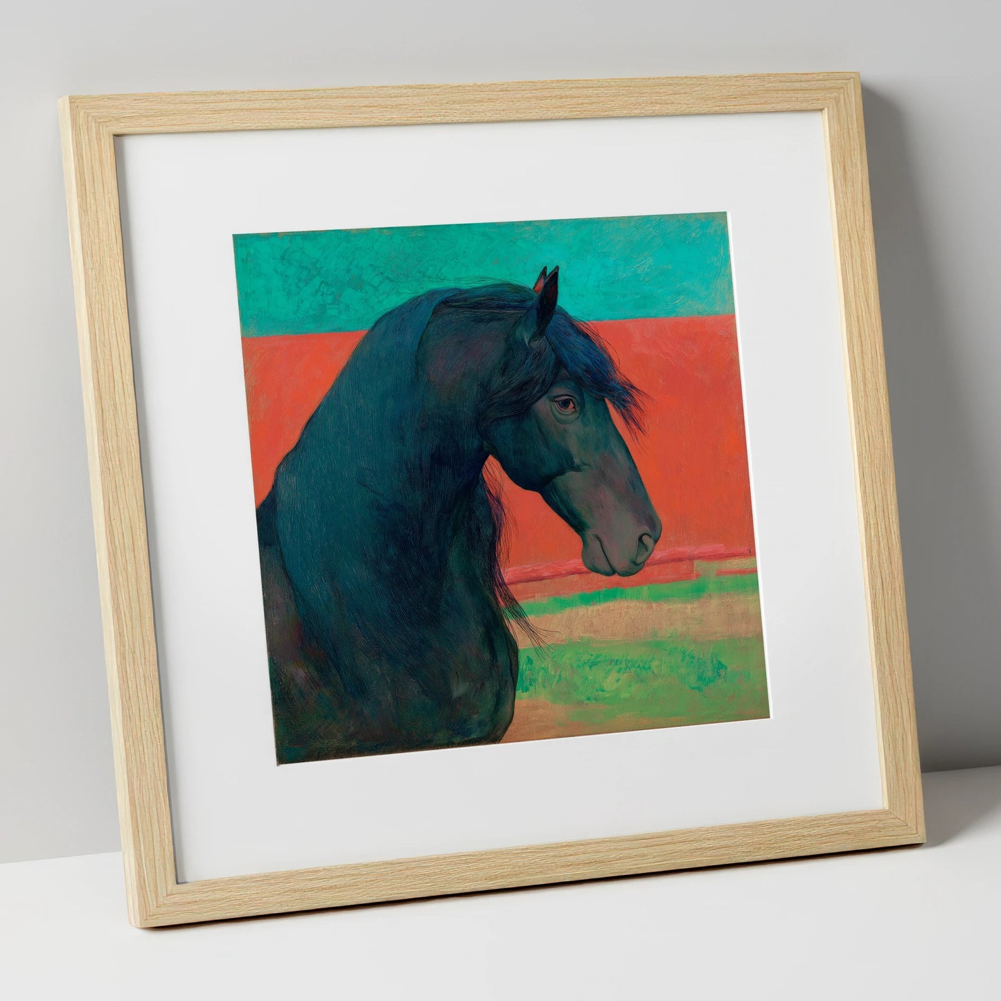 Crimson Horizon Friesian horse breed art print in natural frame