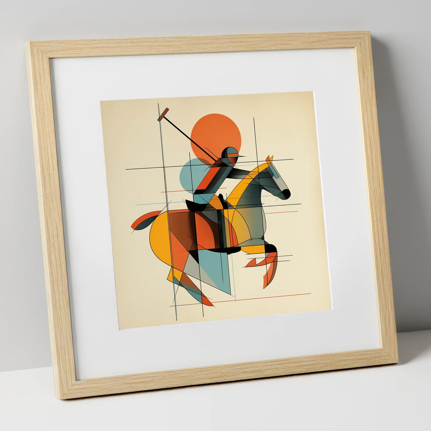 The Geometry of Polo polo horse art print in natural frame