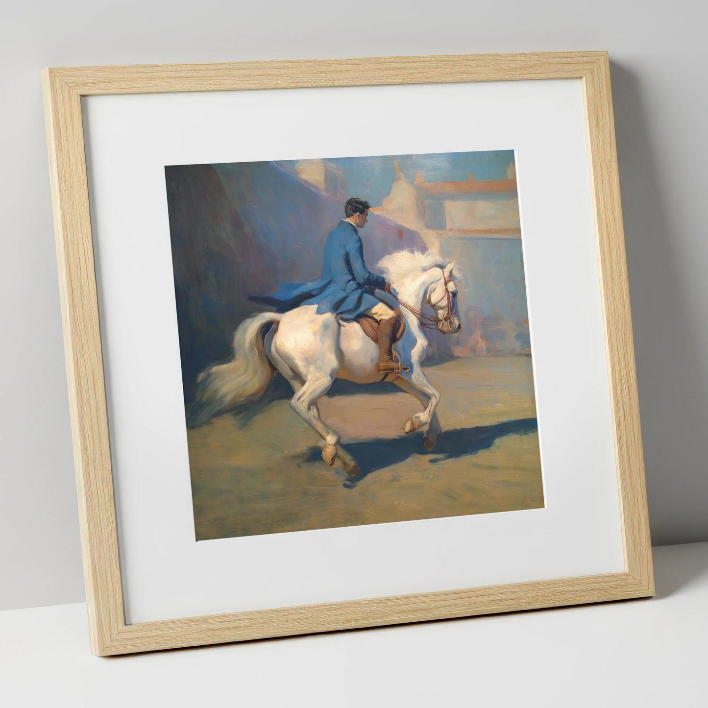 Grace in Blue and Grey dressage horse art print in natural frame