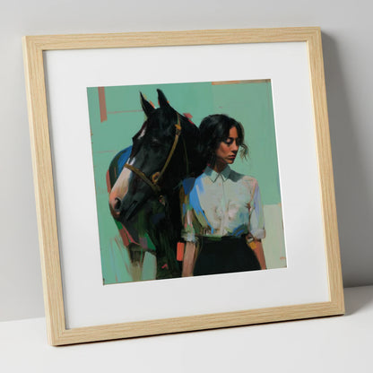 The Shared Silence horse & rider art print in natural frame