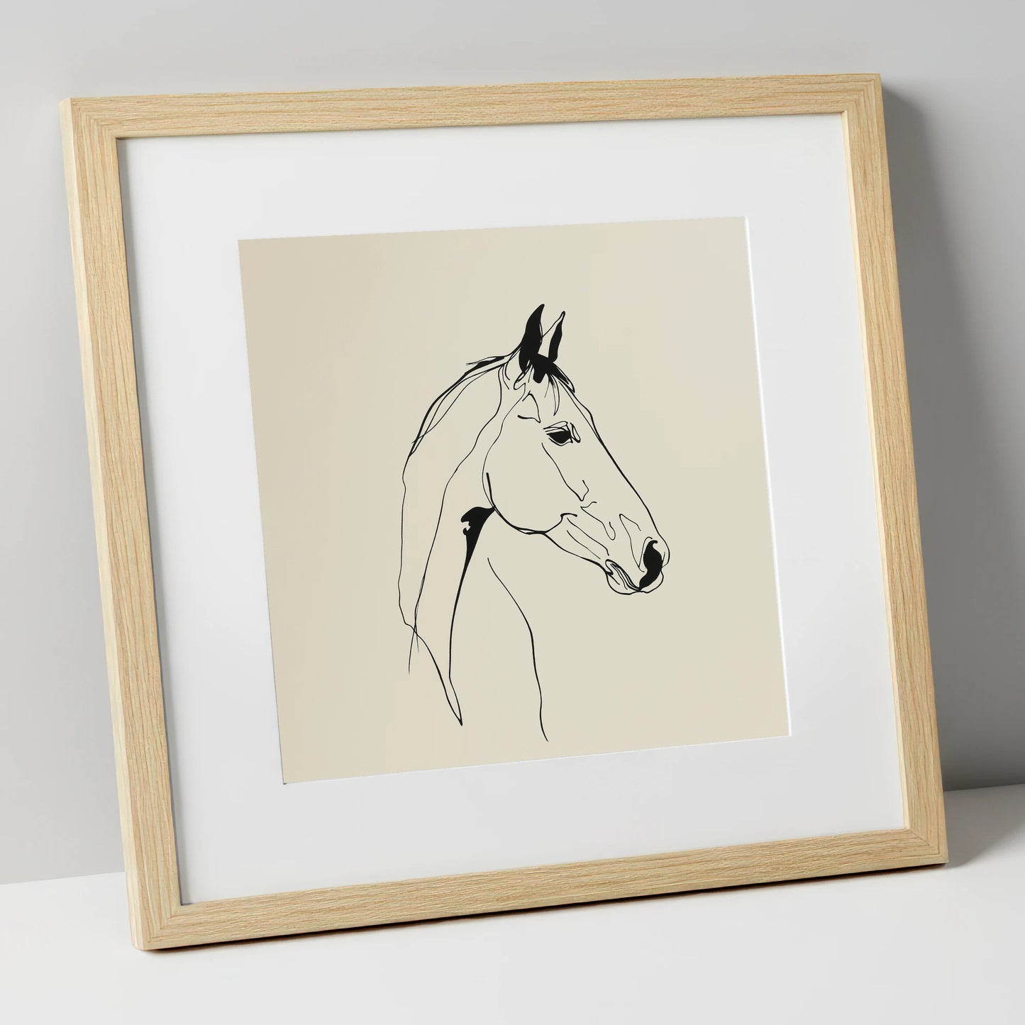 Elegant Equine Profile horse portrait art print in natural frame
