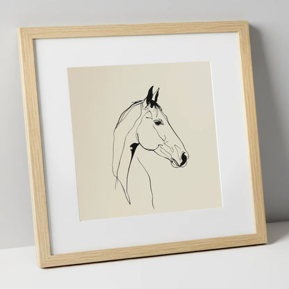 Elegant Equine Profile horse portrait art print in natural frame