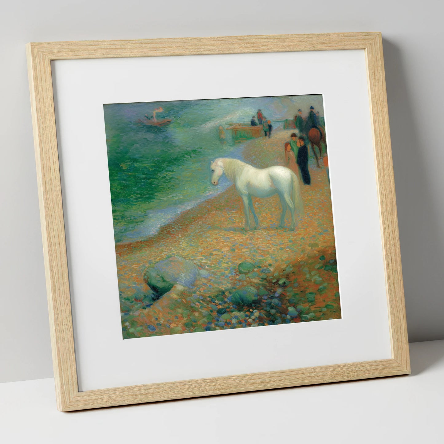 Luminous Shoreline Solitude horse landscape art print in natural frame