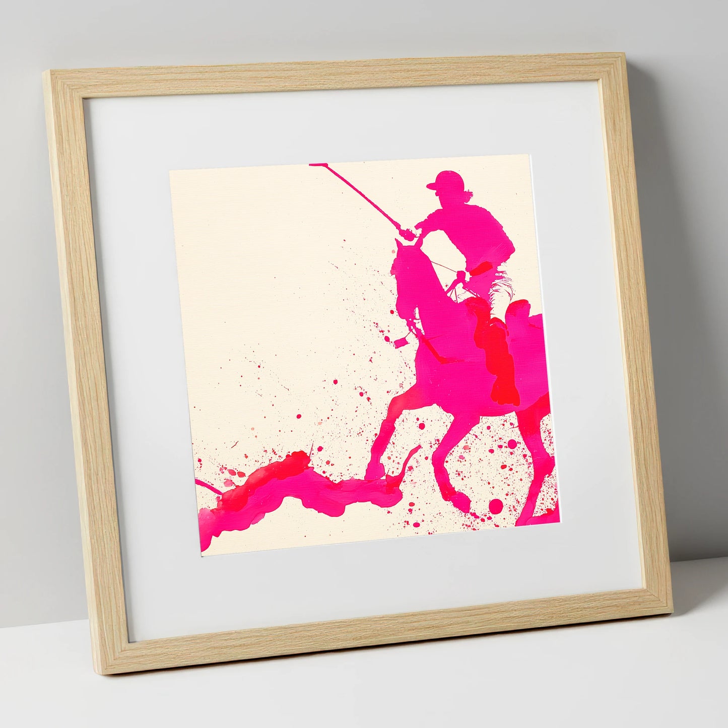 Vibrant Polo Strike polo horse art print in natural frame