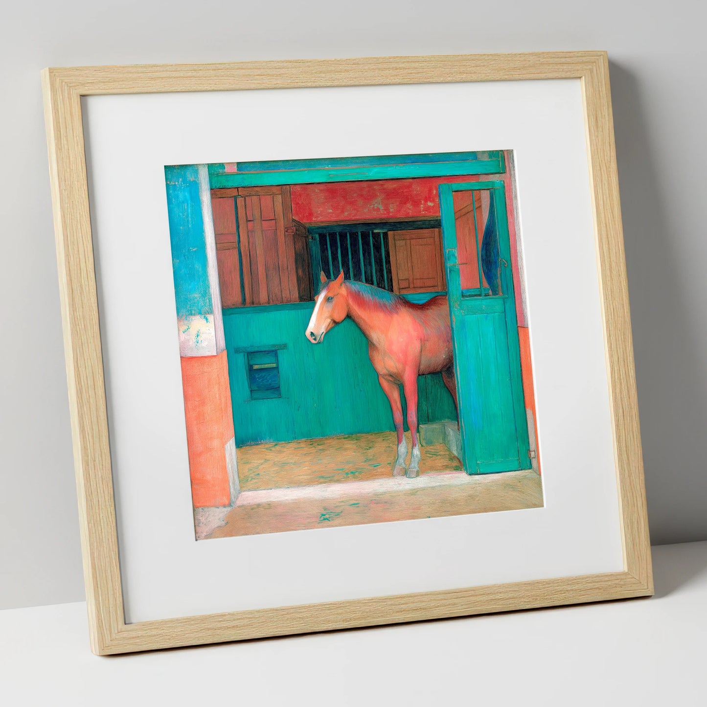 The Emerald Stable Door horse stable art print in natural frame