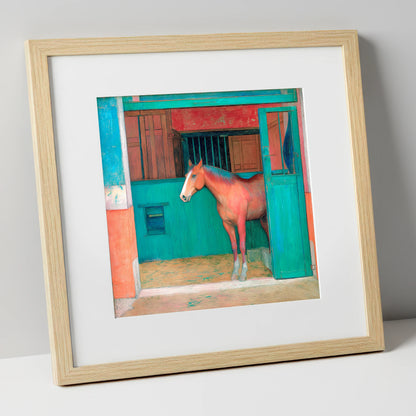 The Emerald Stable Door horse stable art print in natural frame