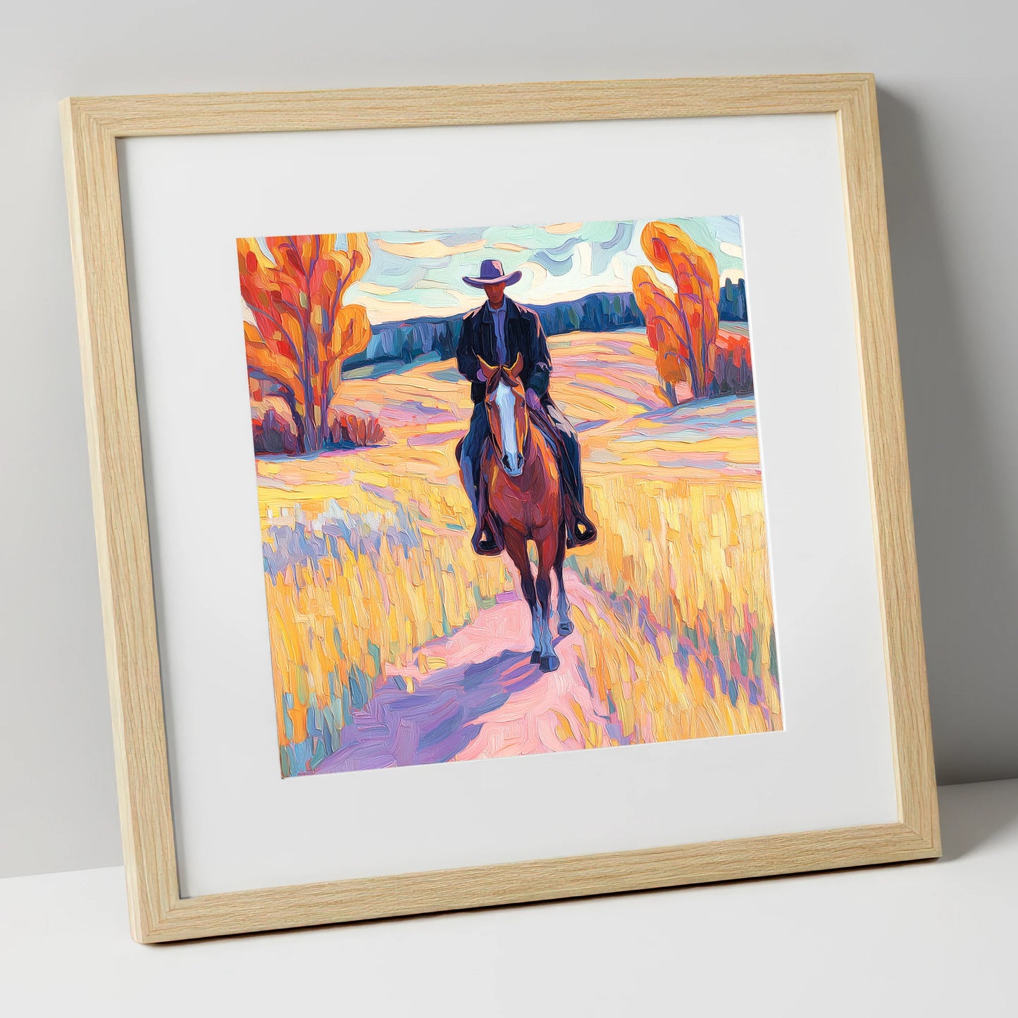 Vibrant Western Trail western horse art print in natural frame