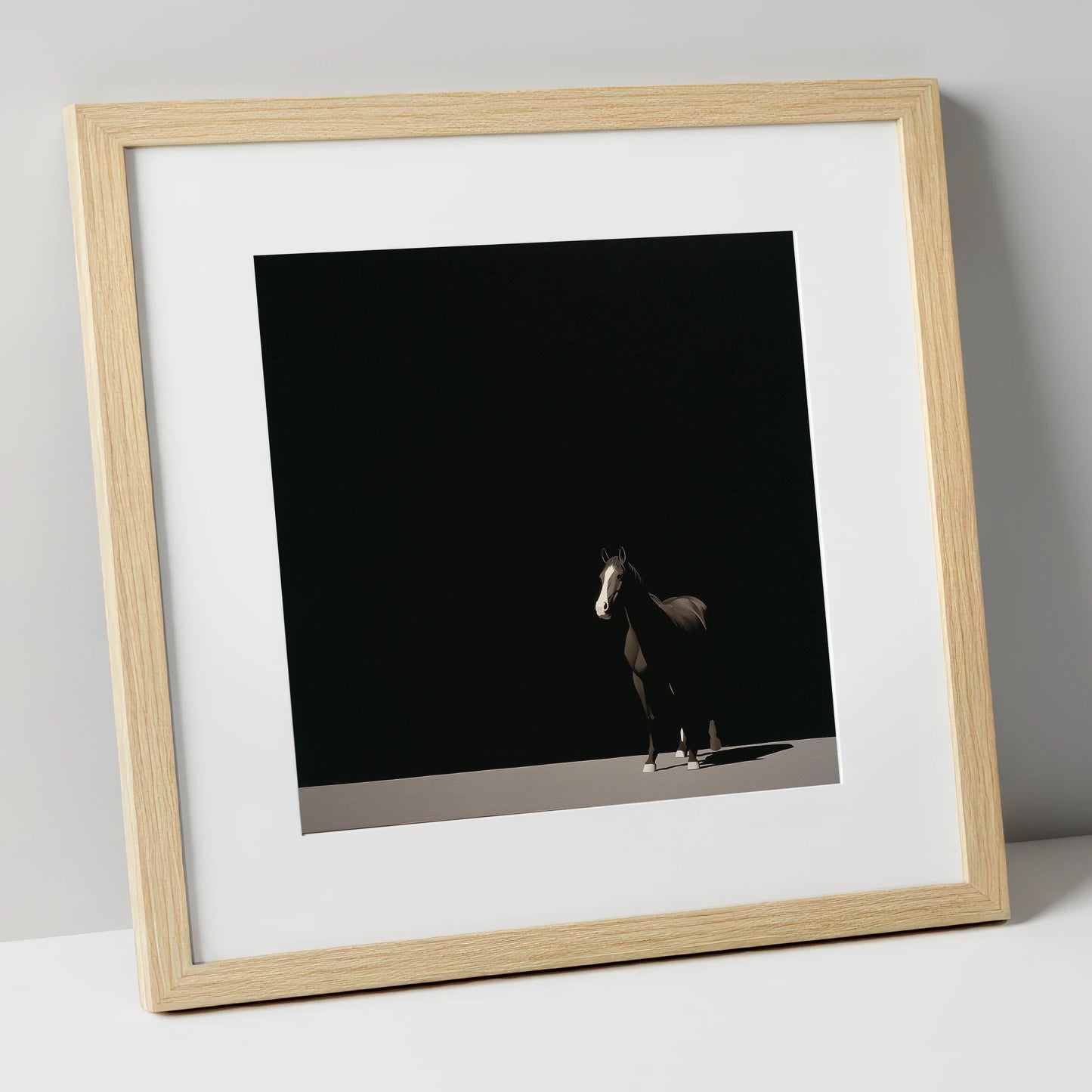 Midnight Solitude horse portrait art print in natural frame