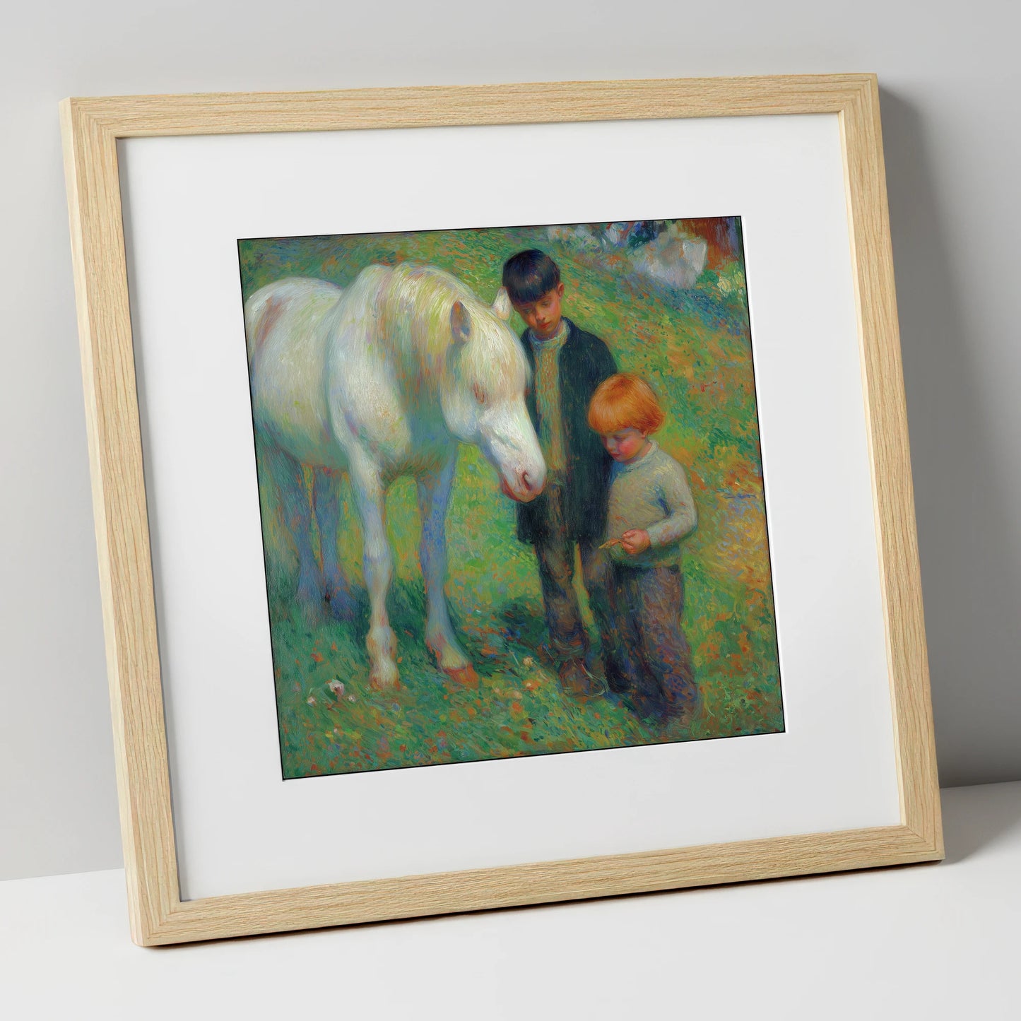 The Gentle Grey horse & rider art print in natural frame