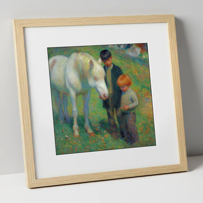 The Gentle Grey horse & rider art print in natural frame
