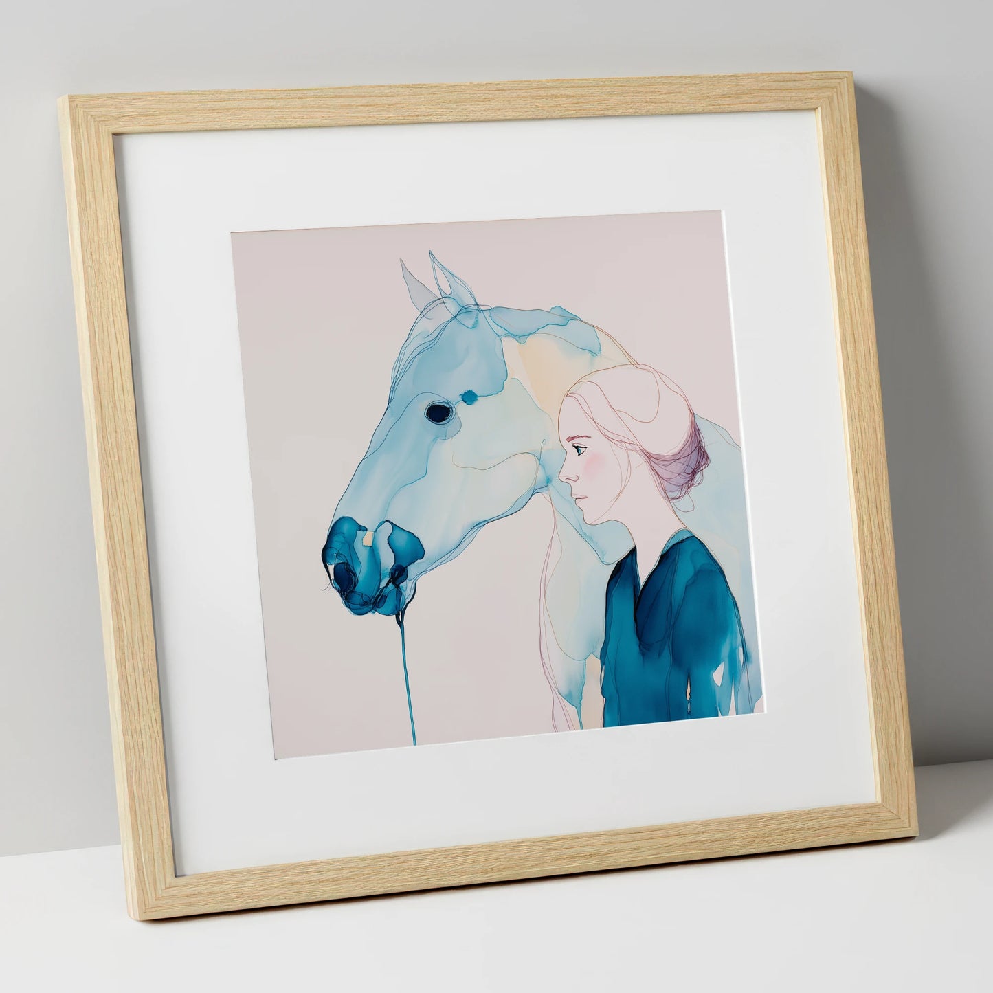 Cerulean Soulmates horse & rider art print in natural frame