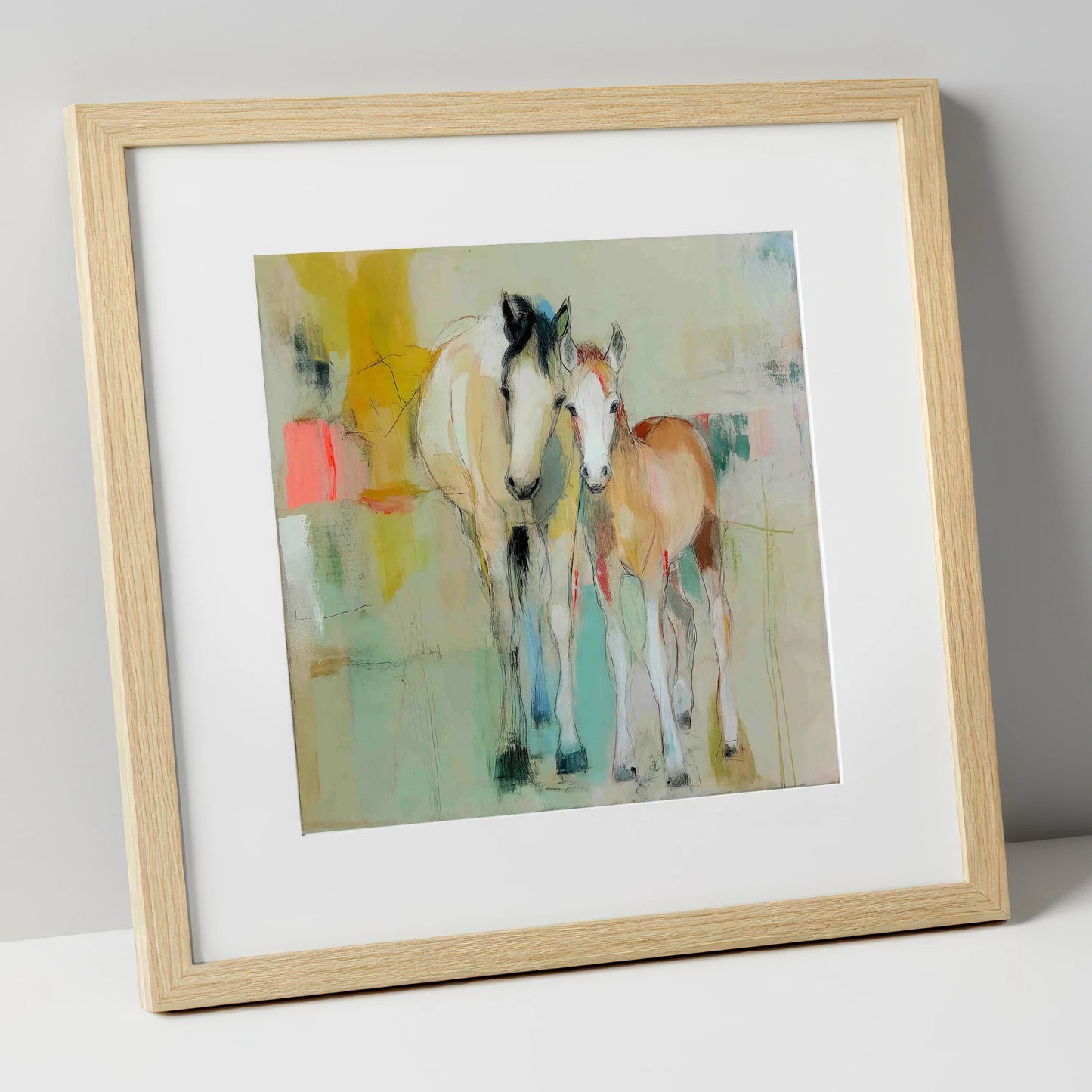 Gentle Nurture mare & foal art print in natural frame