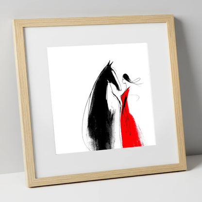 Crimson Connection horse & rider art print in natural frame