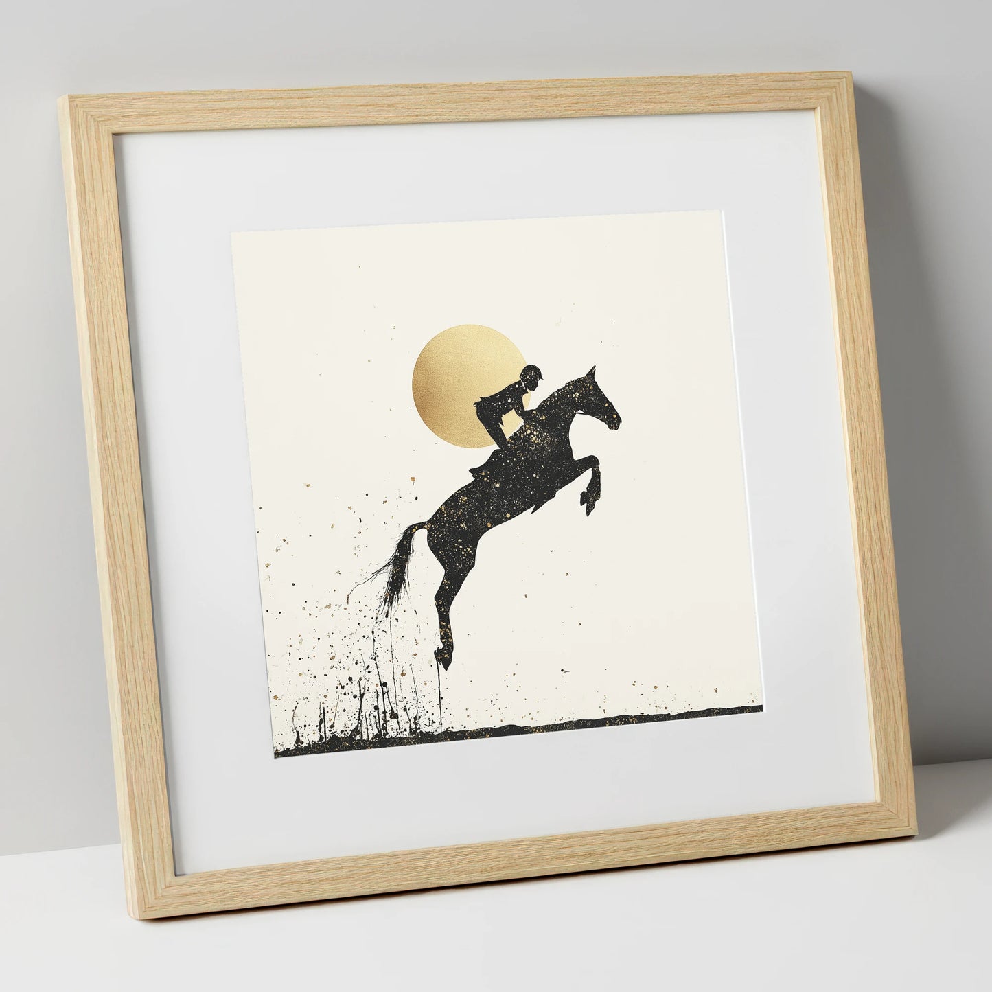Golden Flight show jumping horse art print in natural frame