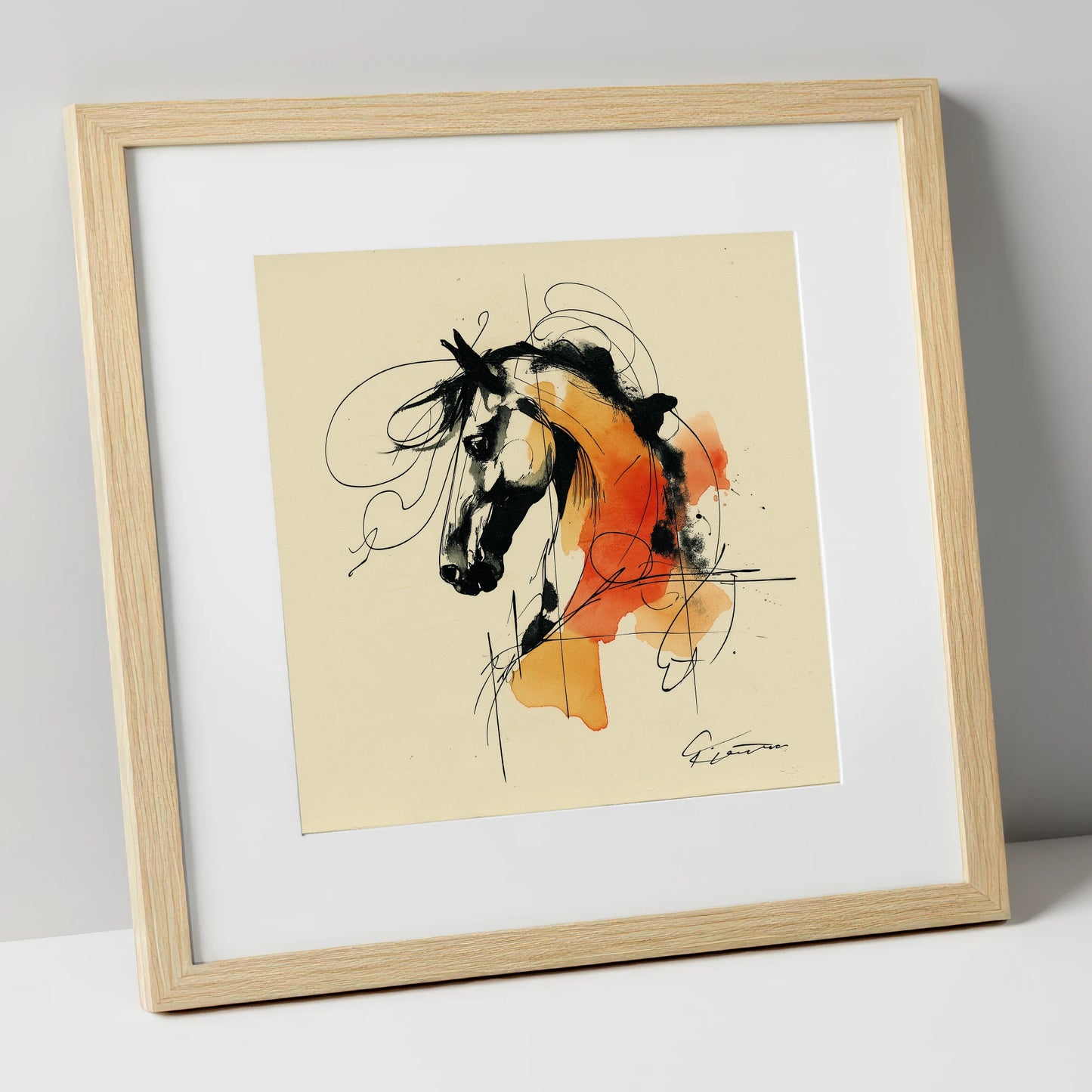 Spirit in Ink and Amber horse breed art print in natural frame