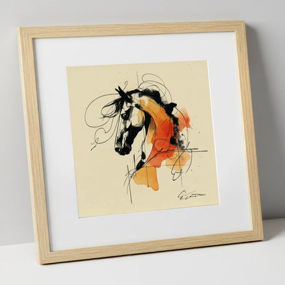 Spirit in Ink and Amber horse breed art print in natural frame