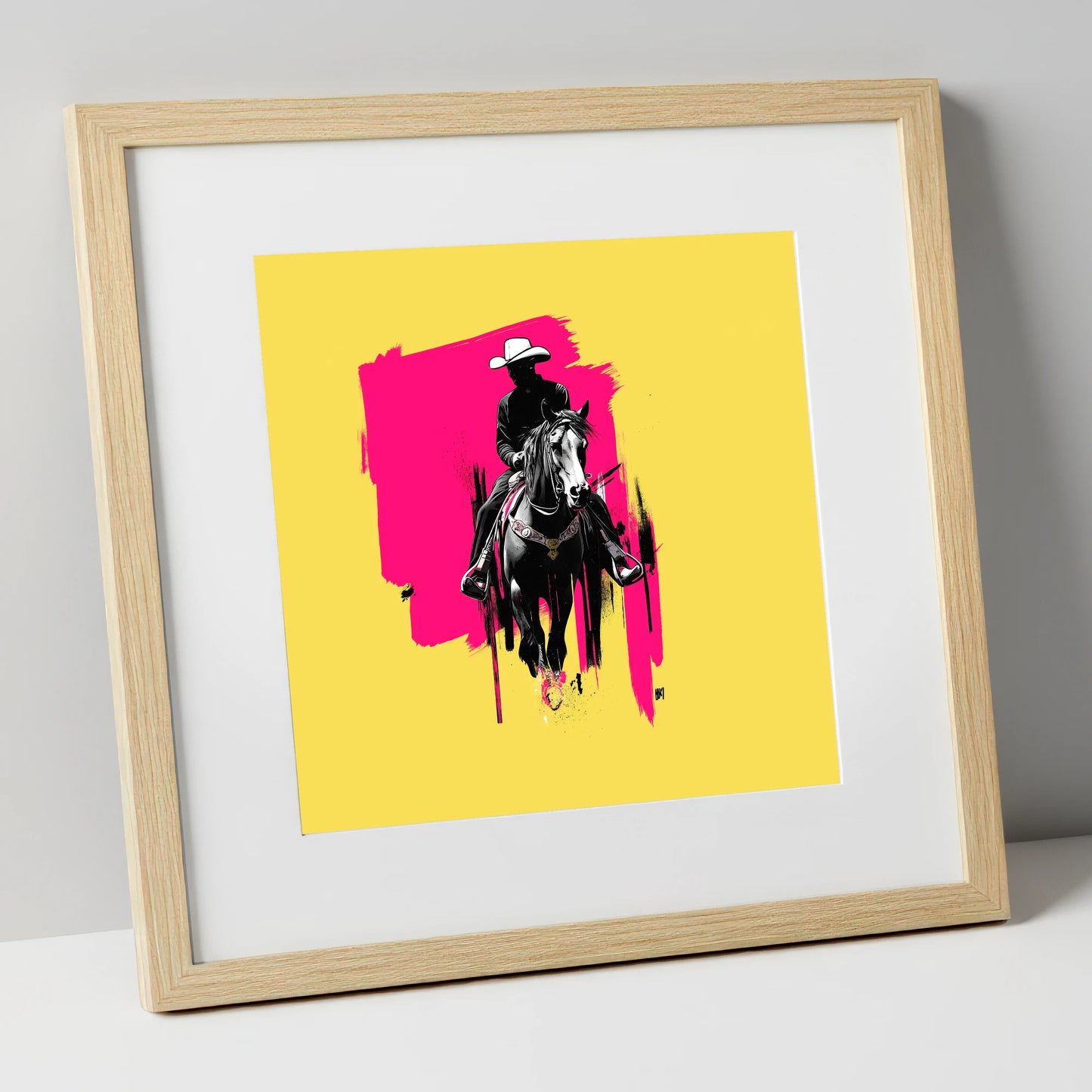 Magenta High Noon western horse art print in natural frame