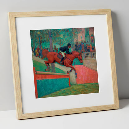 The Emerald Leap show jumping horse art print in natural frame