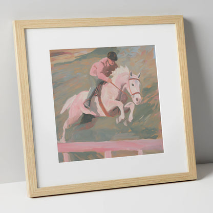 Airborne in Pastel show jumping horse art print in natural frame