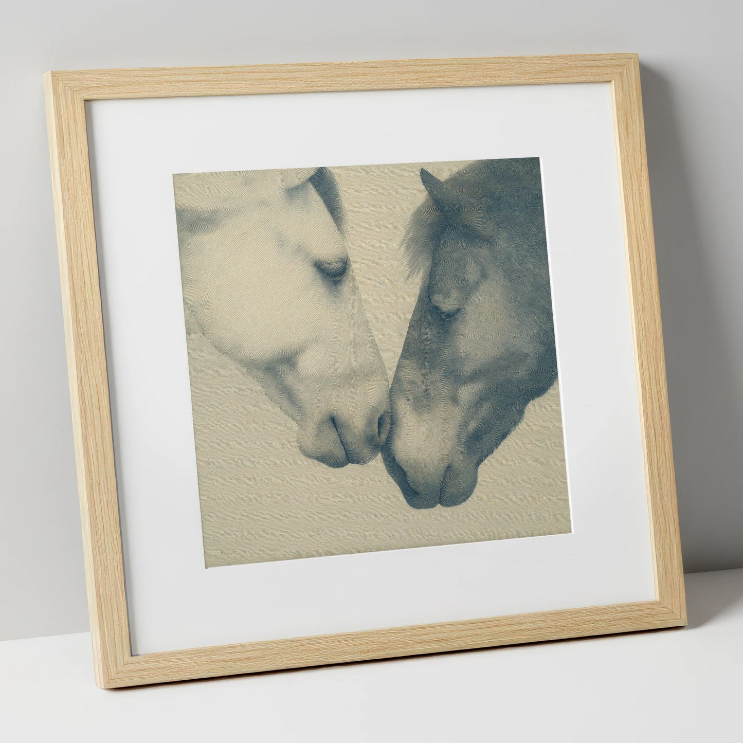 Quiet Connection horse portrait art print in natural frame